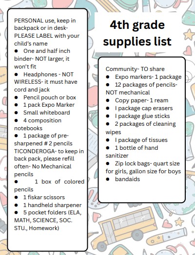 4th grade school supply list