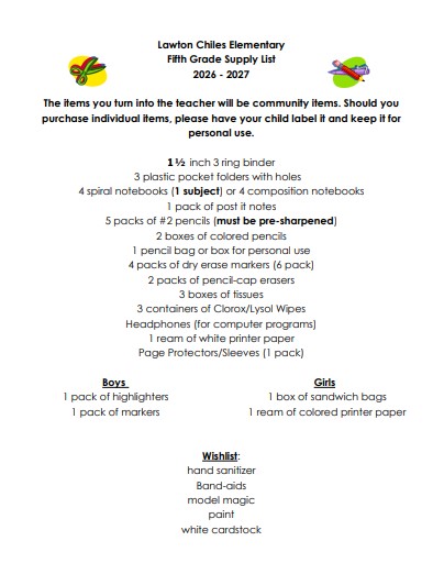 5th grade school supply list