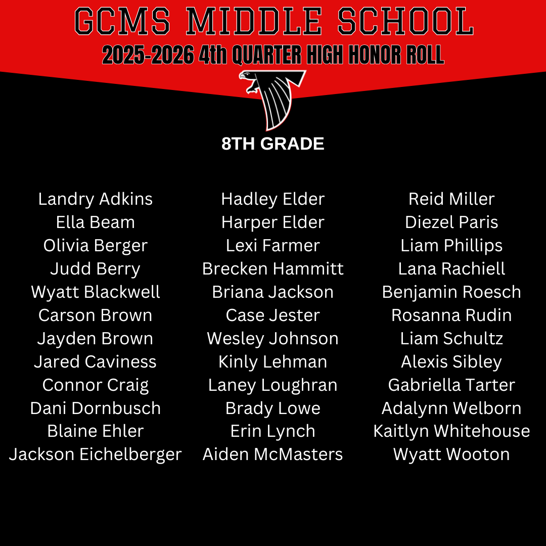 GCMS Middle School 8th Grade High Honor Roll for the 4th Quarter of 2025-2026.