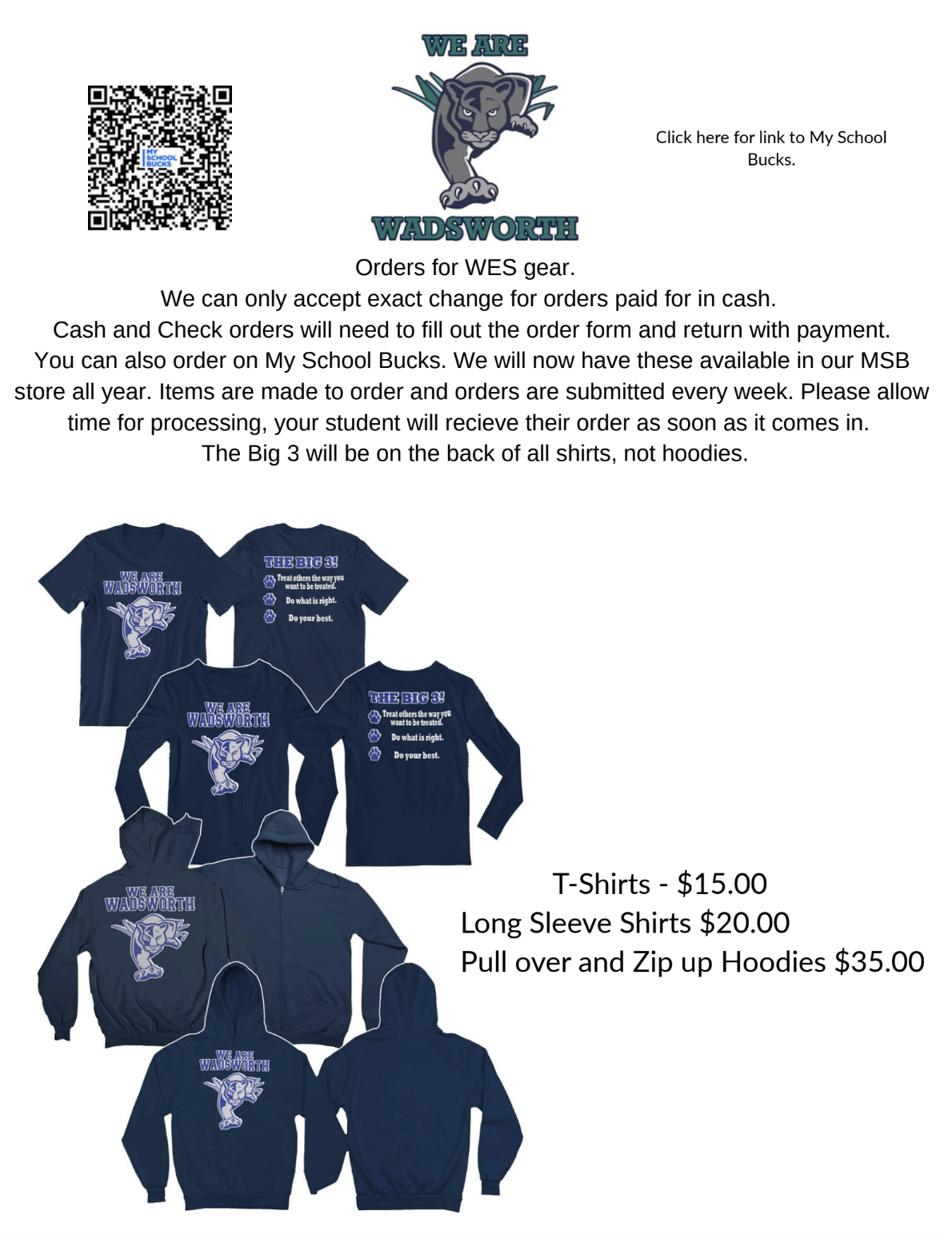 An informational flyer for WES gear sales, showing blue t-shirts, long sleeve shirts, and hoodies, with pricing and ordering details.