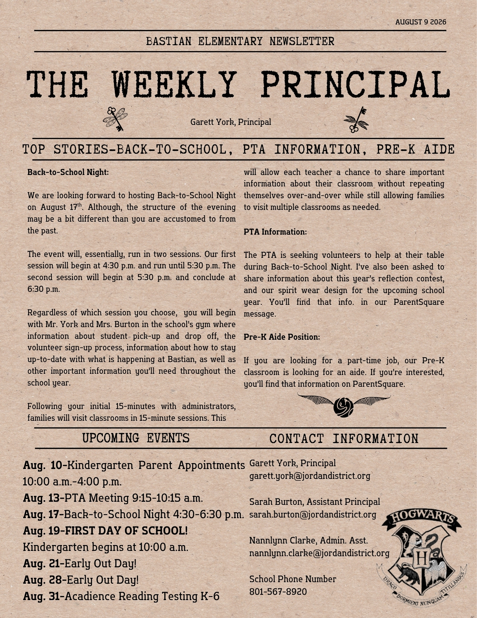 Weekly Newsletter August 9 ,2027