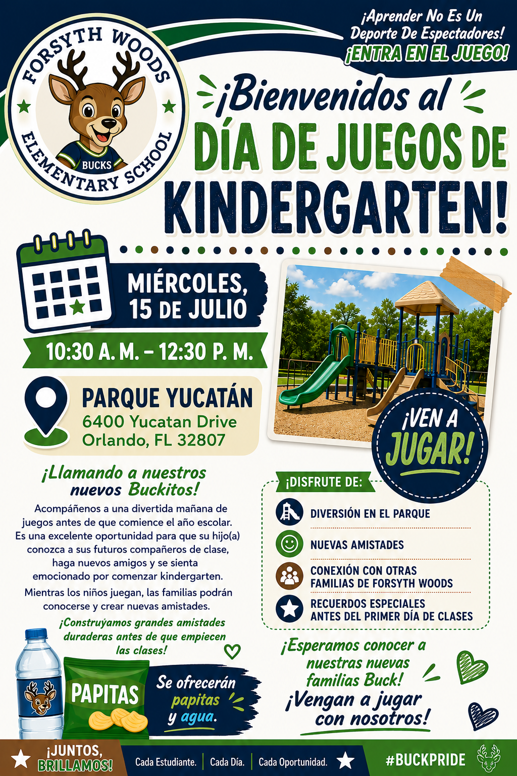 Poster for Forsyth Woods Elementary School's Kindergarten "Day of Games" event on July 15th at Parque Yucatán, Orlando.