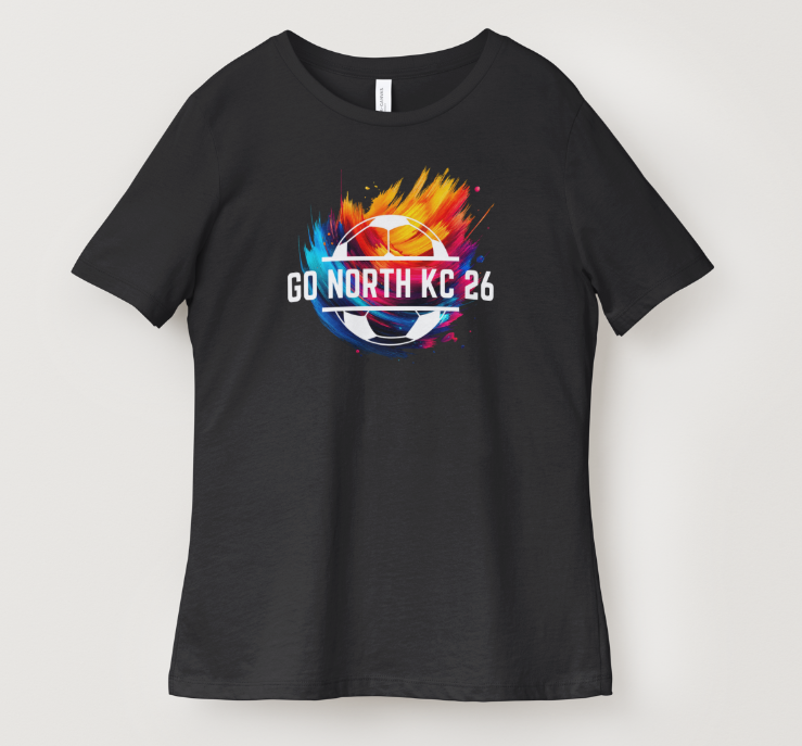 A black t-shirt features a vibrant graphic with a soccer ball and the text 'GO NORTH KC 26'.