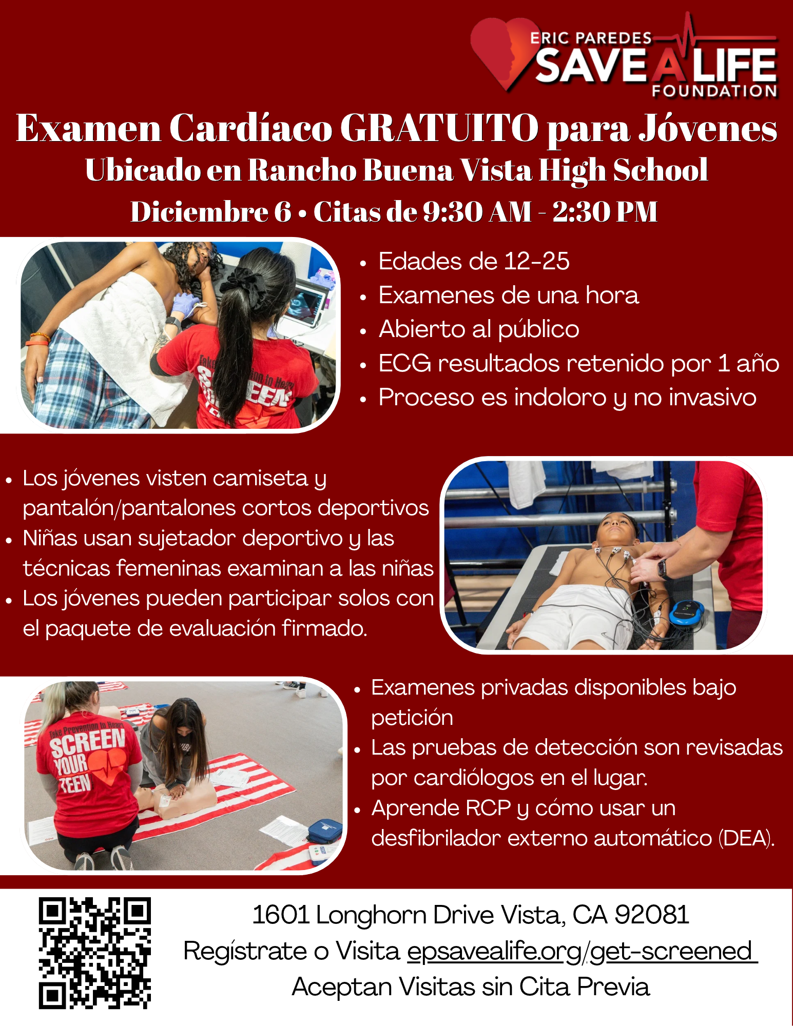A promotional flyer for a free youth heart screening by the Eric Paredes Save A Life Foundation, detailing dates, location, and event info in Spanish.