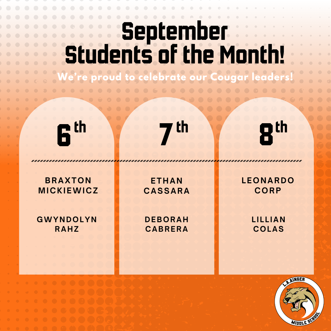 A graphic displaying September Students of the Month, featuring names listed under 6th, 7th, and 8th grade columns.