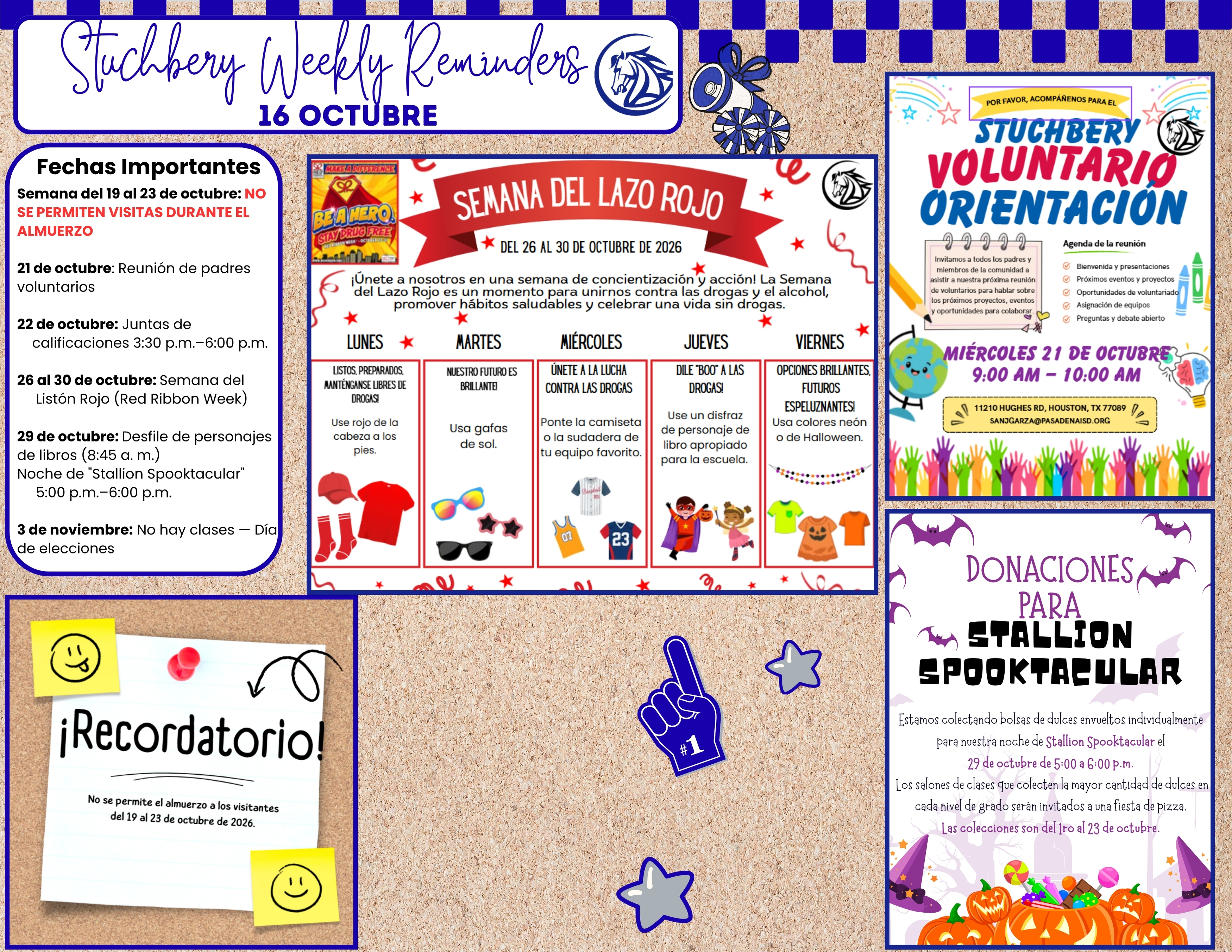 A corkboard displays school weekly reminders in Spanish, including dates for Red Ribbon Week and upcoming volunteer meetings.