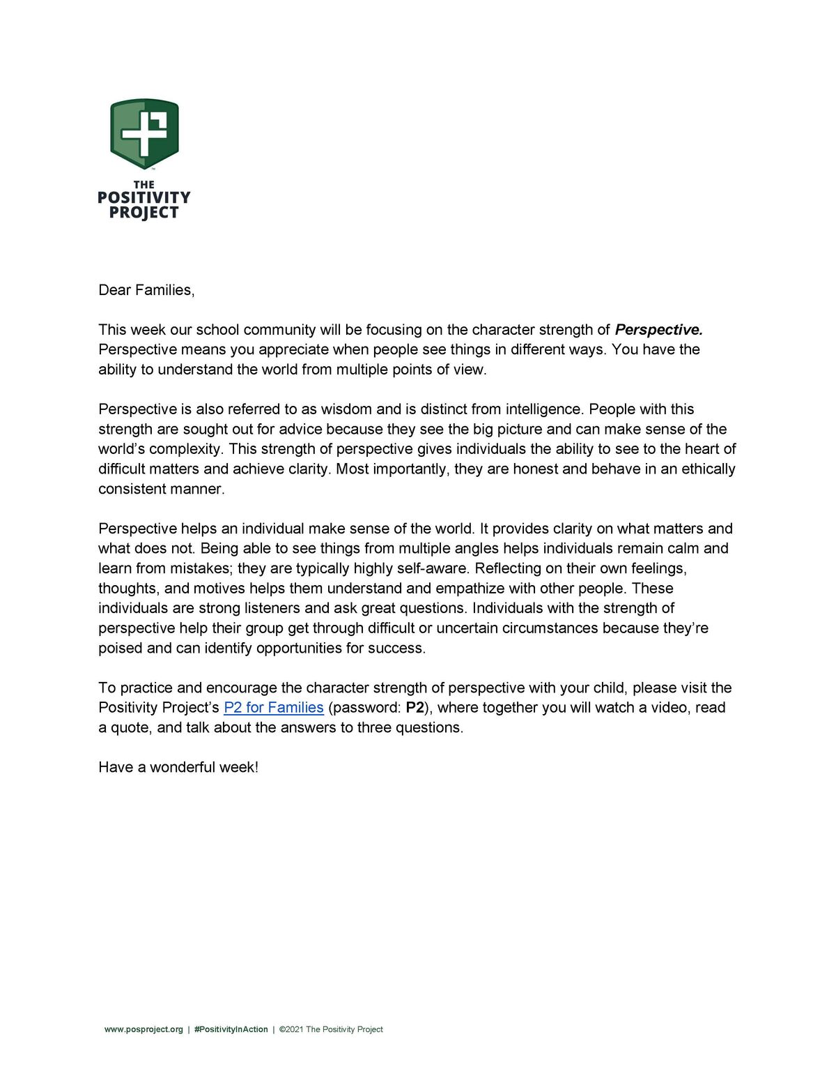 A document from The Positivity Project with the title 'Dear Families,' discussing the character strength of Perspective.