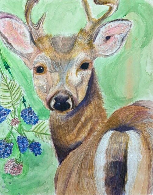 A colorful painting of a deer with antlers looking over its shoulder against a green background.