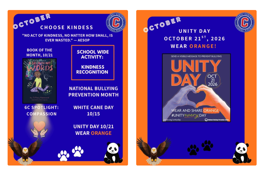 Two informational posters about October events, featuring blue backgrounds with orange borders, eagles, panda illustrations, and text about National Bullying Prevention Month.