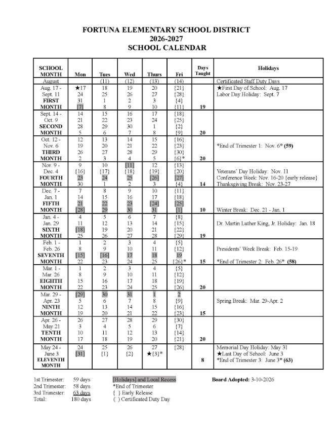 A school calendar for Fortuna Elementary School District for the 2026-2027 academic year, detailing months, days, and holidays.