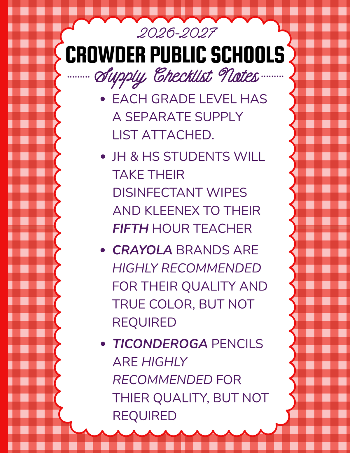 26-27 School Supply Lists (PK-HS)