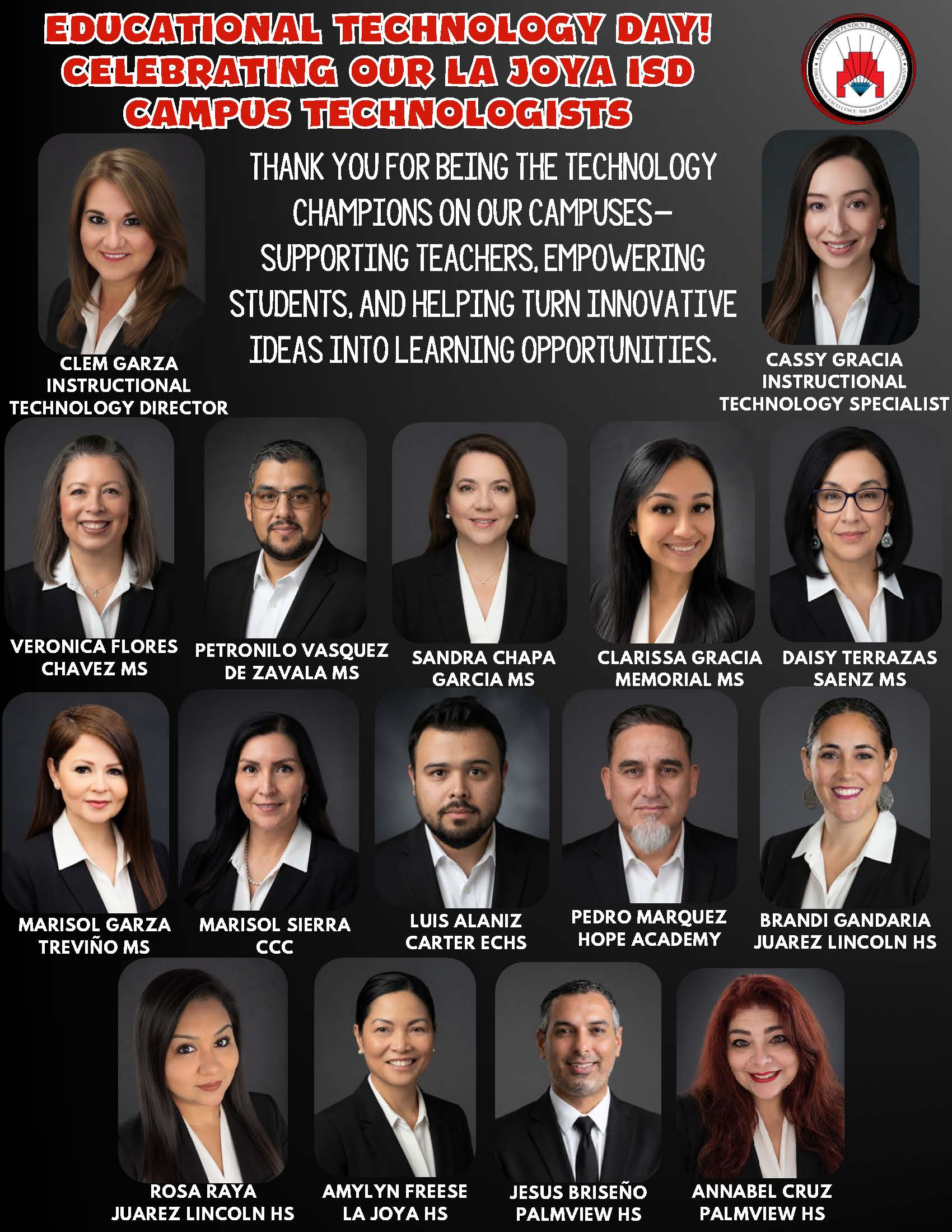 A graphic celebrating Educational Technology Day, featuring portraits and names of La Joya ISD campus technologists in professional attire.