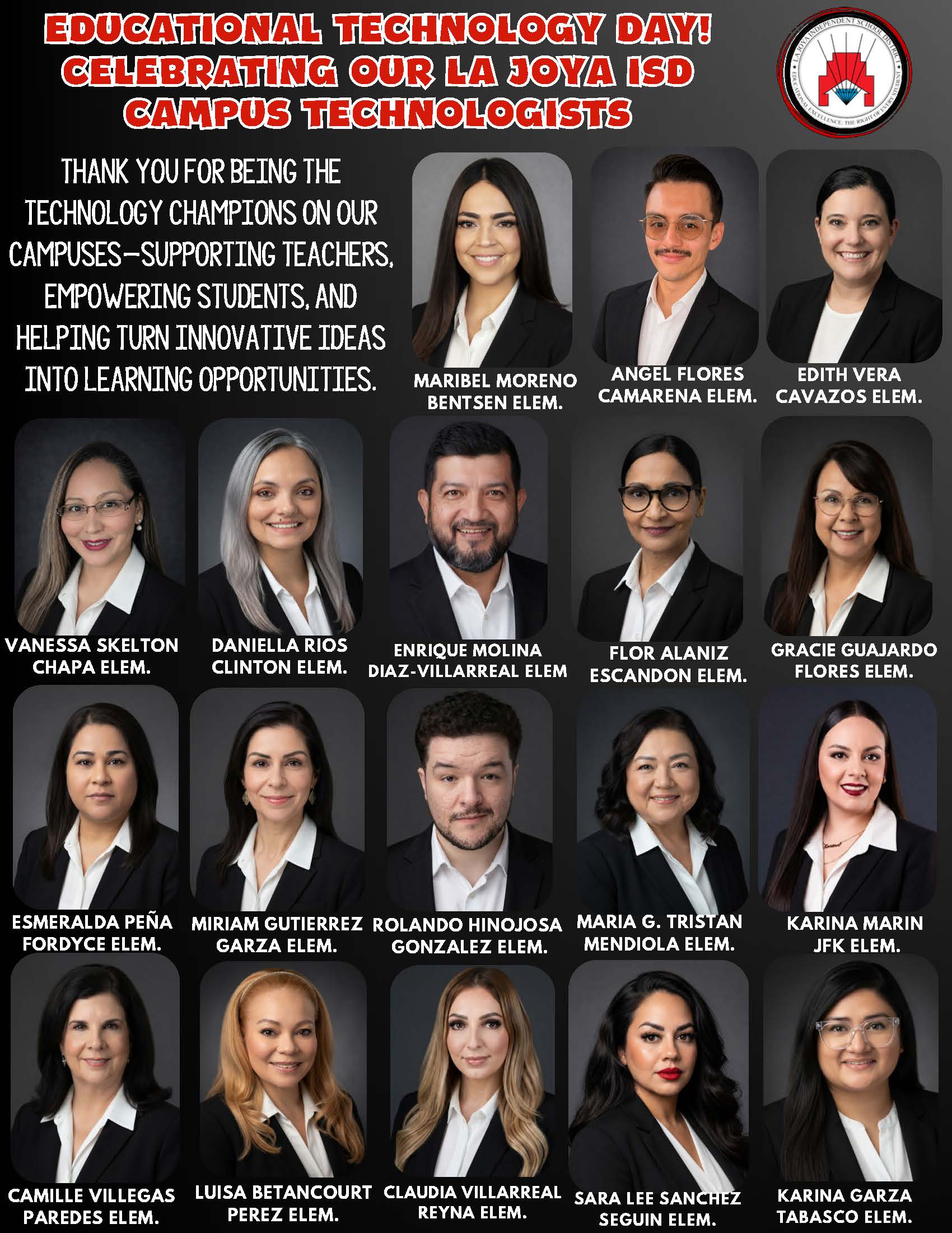 A graphic celebrating Educational Technology Day features portraits of twenty campus technologists from La Joya ISD with their names and schools.