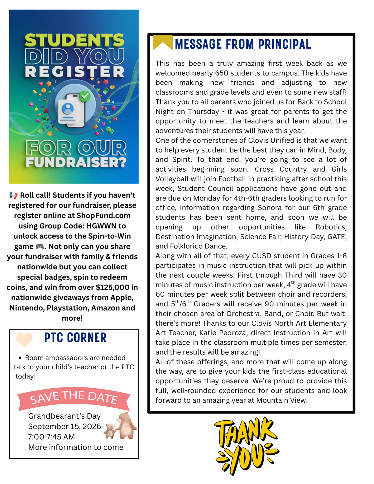 A flyer announces a student fundraiser with the question 'Students Did You Register?' and a graphic of a smartphone.