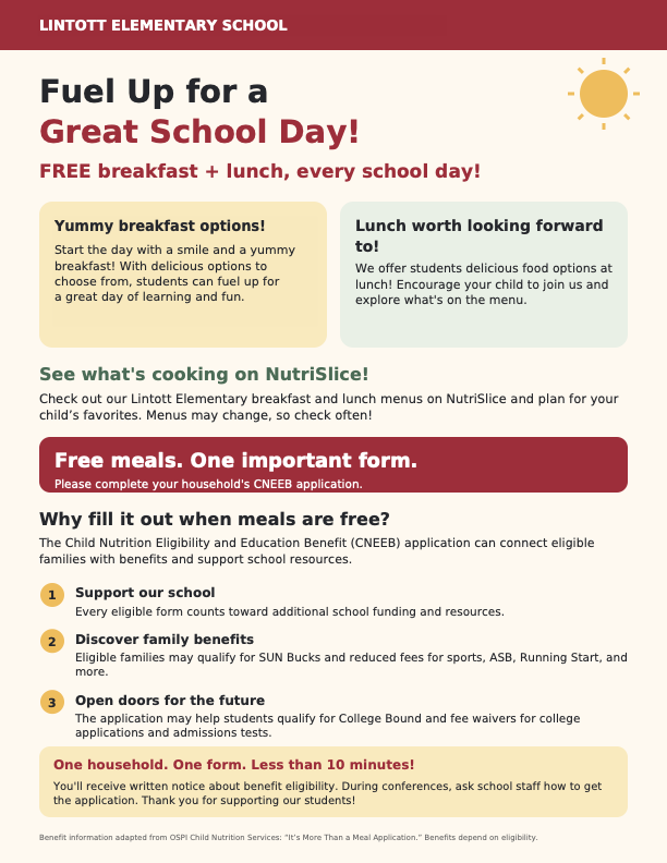Lintott Elementary School informational flyer announcing free breakfast and lunch for students every school day.