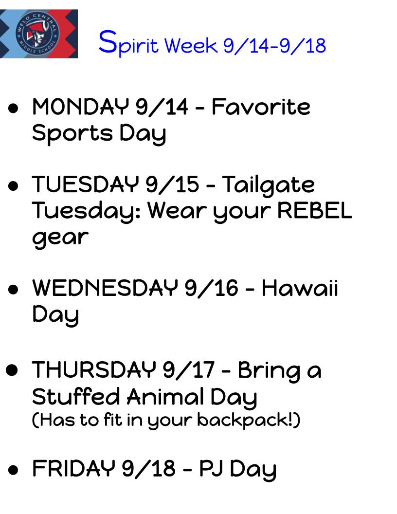 A schedule for a middle school Spirit Week from September 14th to September 18th, listing daily themes like Favorite Sports Day and PJ Day.