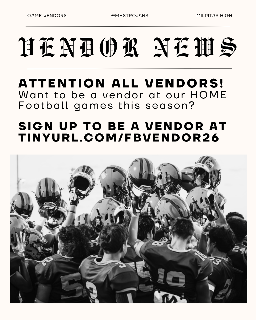 Want to be a VENDOR for the 2026 Football Season!  Sign-Up Today!