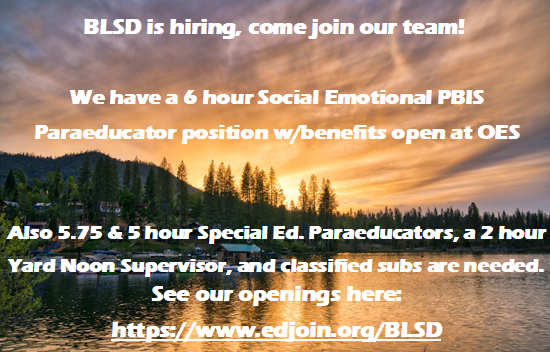 Social Emotional PBIS Paraeducator 6 hour position and other positions available