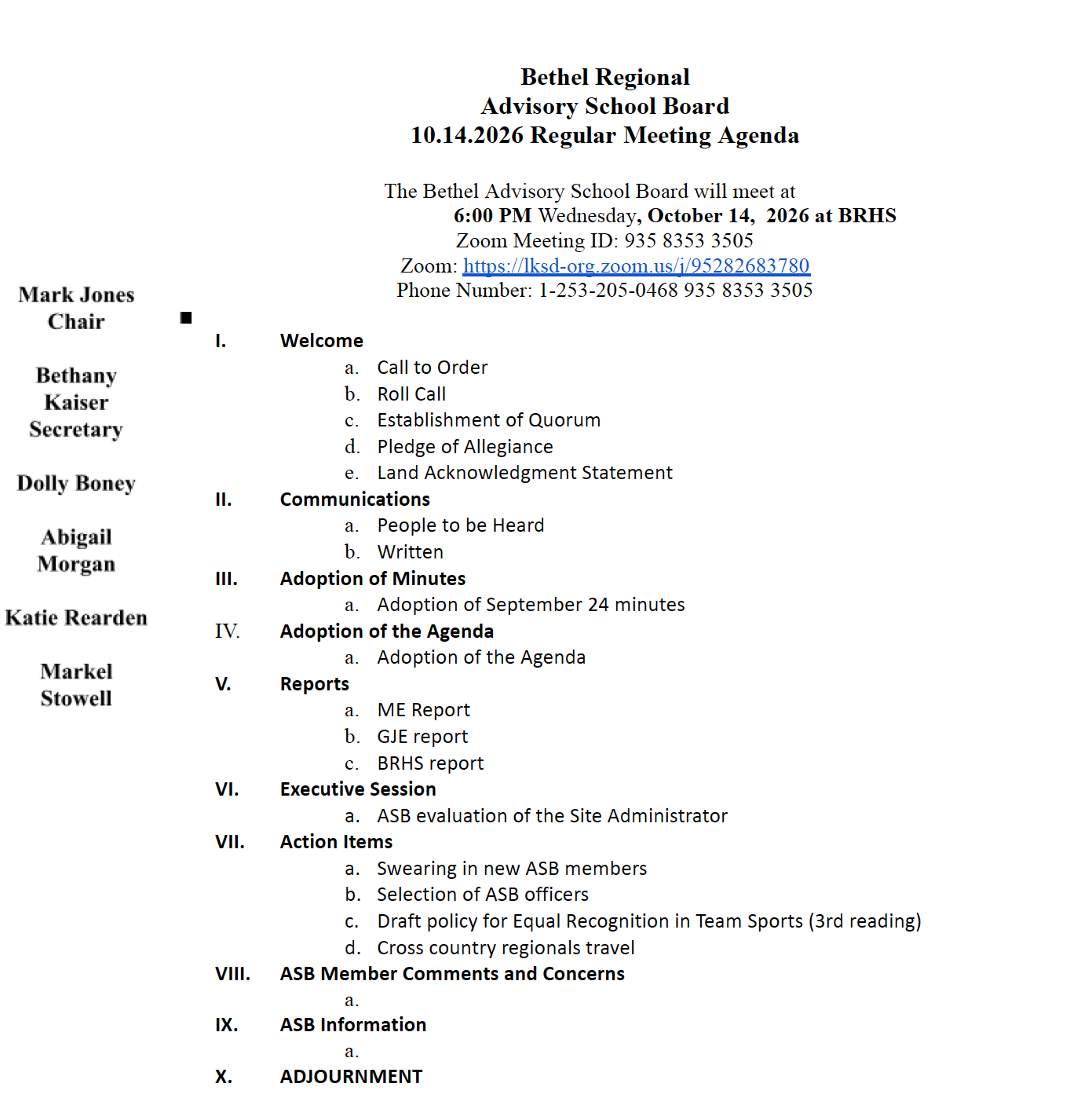 Bethel Schools ASB Meeting 10/14/2026
