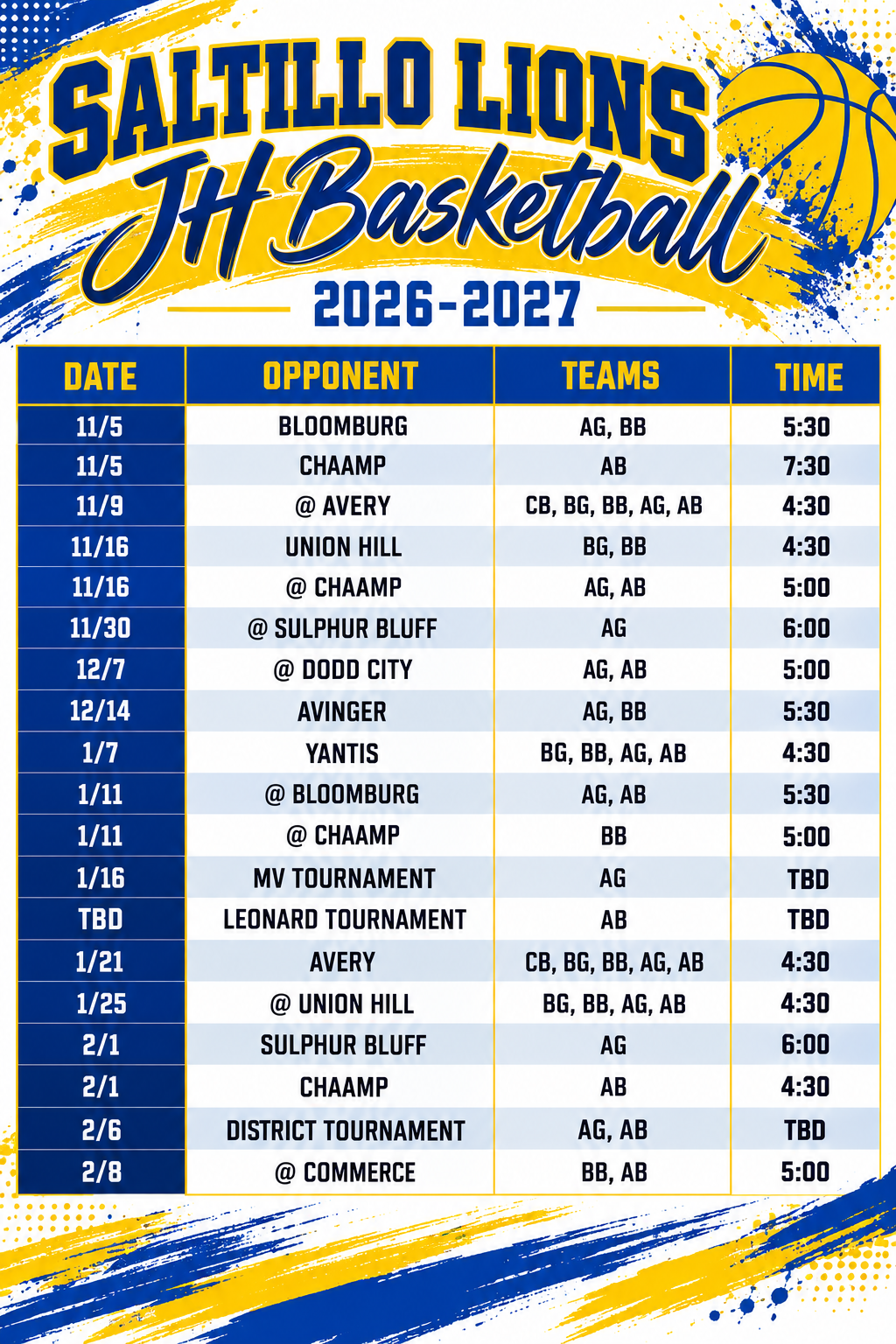 JH Basketball Schedule
