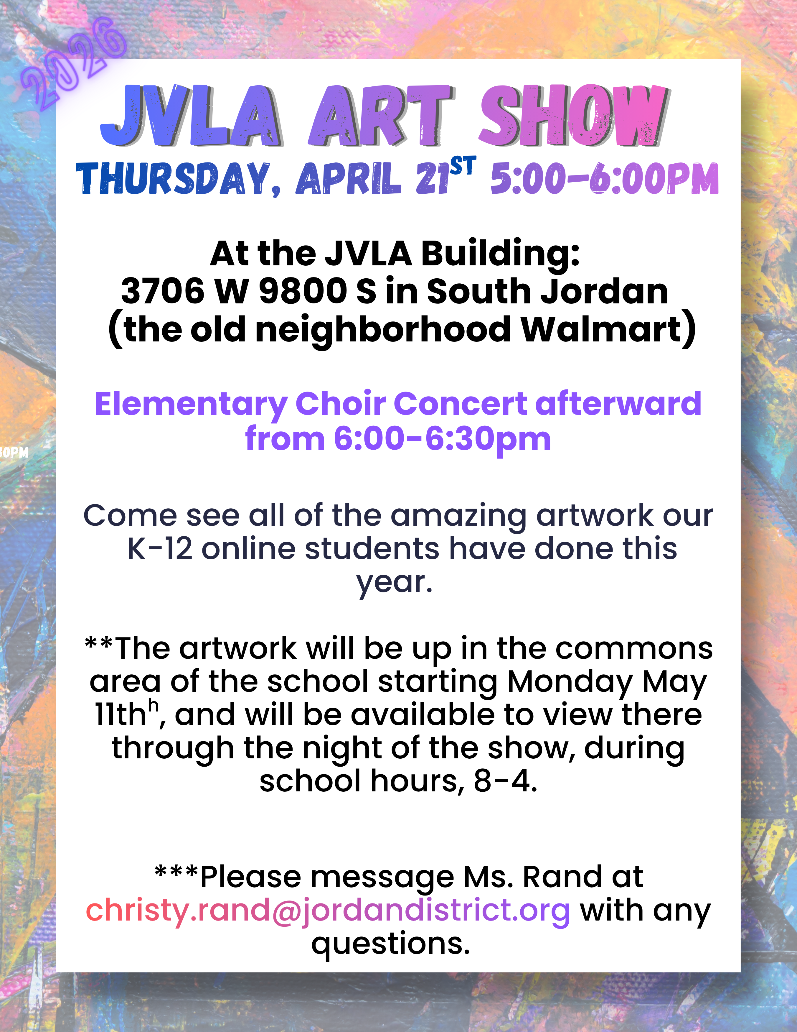JVLA Art Show on Thursday, April 21st from 5:00-6:00 PM at the JVLA Building.