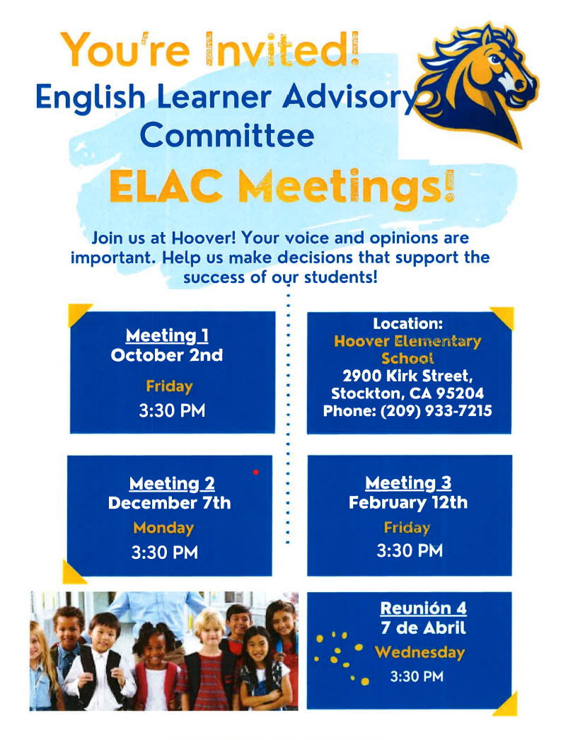 A flyer inviting community members to English Learner Advisory Committee meetings at Hoover Elementary School, detailing dates and locations.