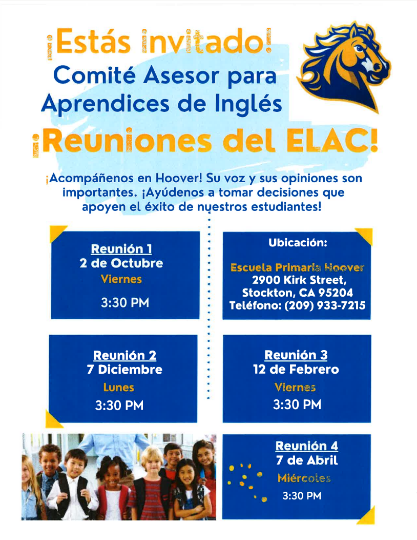 A flyer in Spanish announcing English Learner Advisory Committee meetings at Hoover Elementary School.