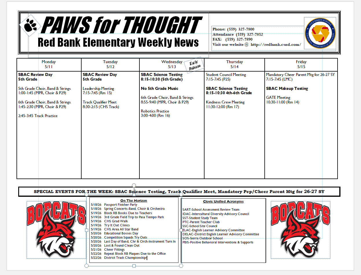 Weekly Calendar May 11-15, 2026