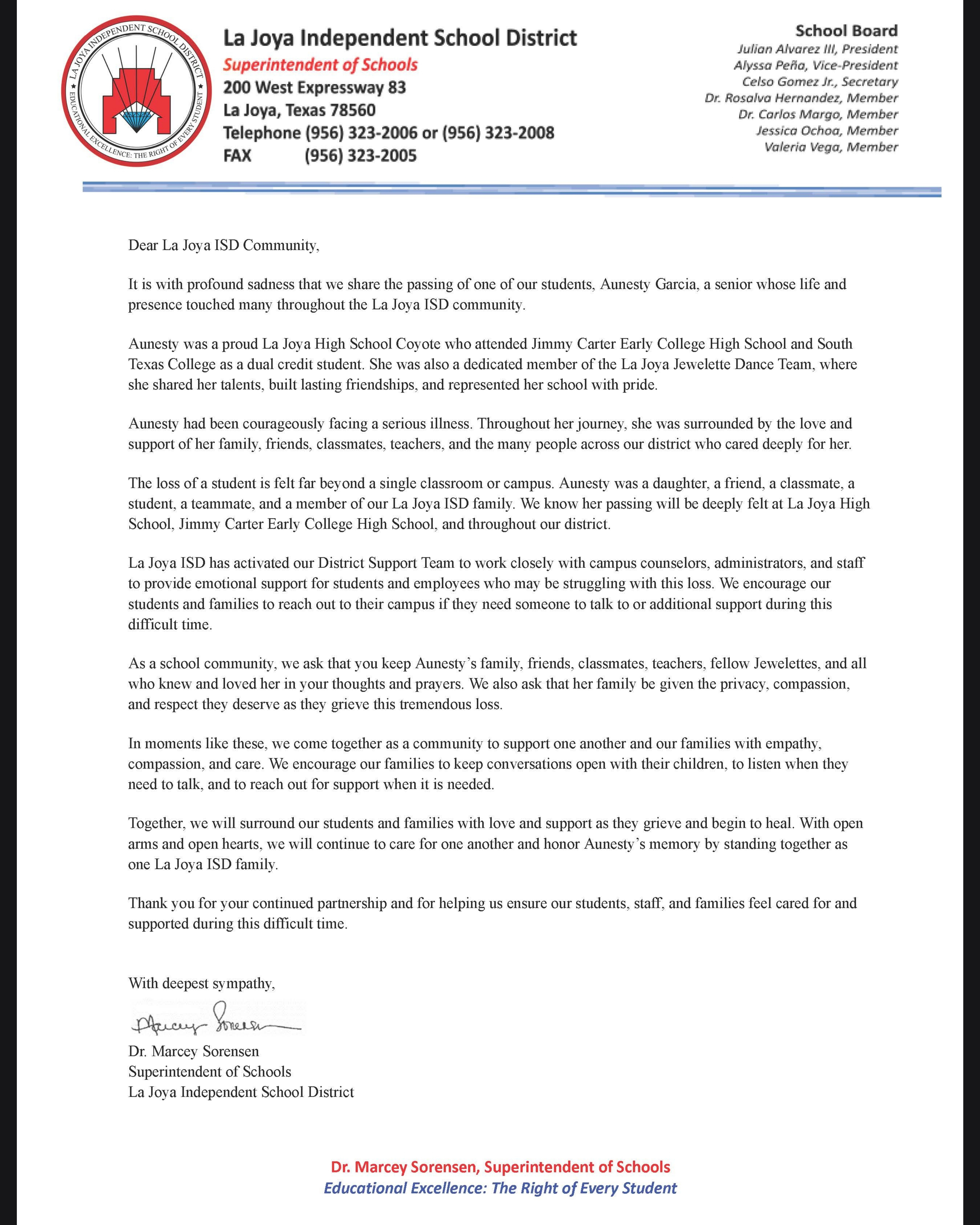 La Joya ISD mourns the passing of Aunesty Garcia 