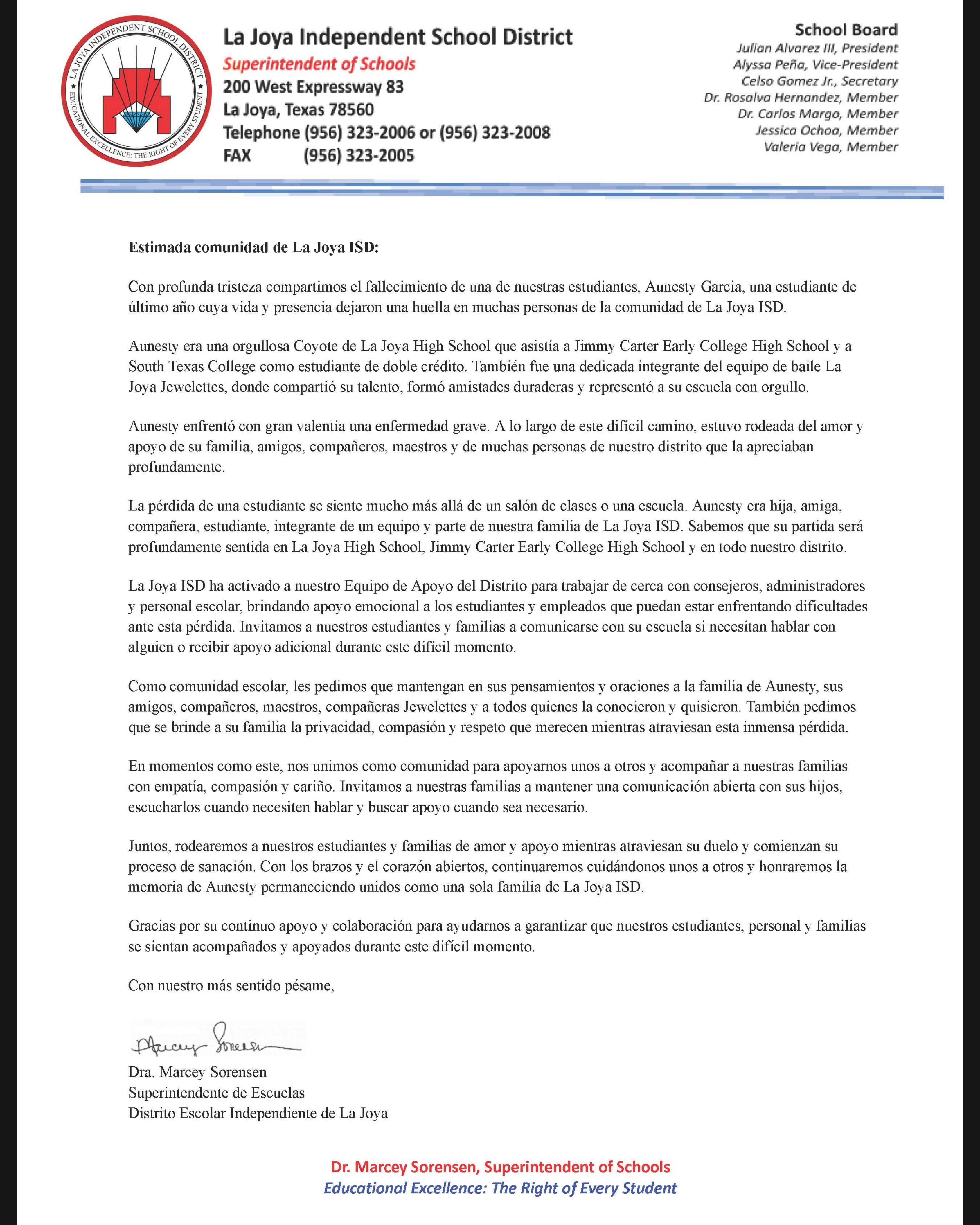 Official letter from La Joya Independent School District announcing the passing of student Aunesty Garcia.