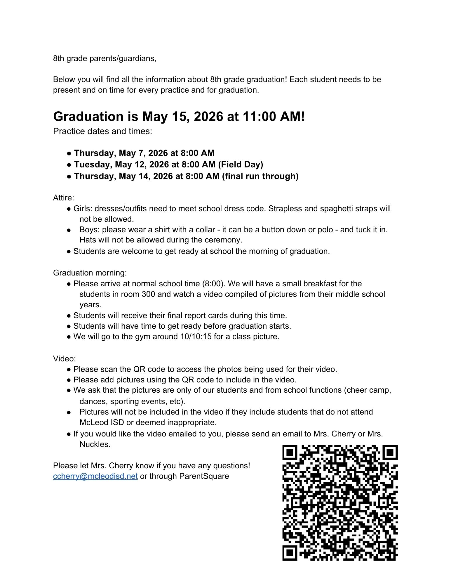 Information about 8th Grade Graduation and the Video