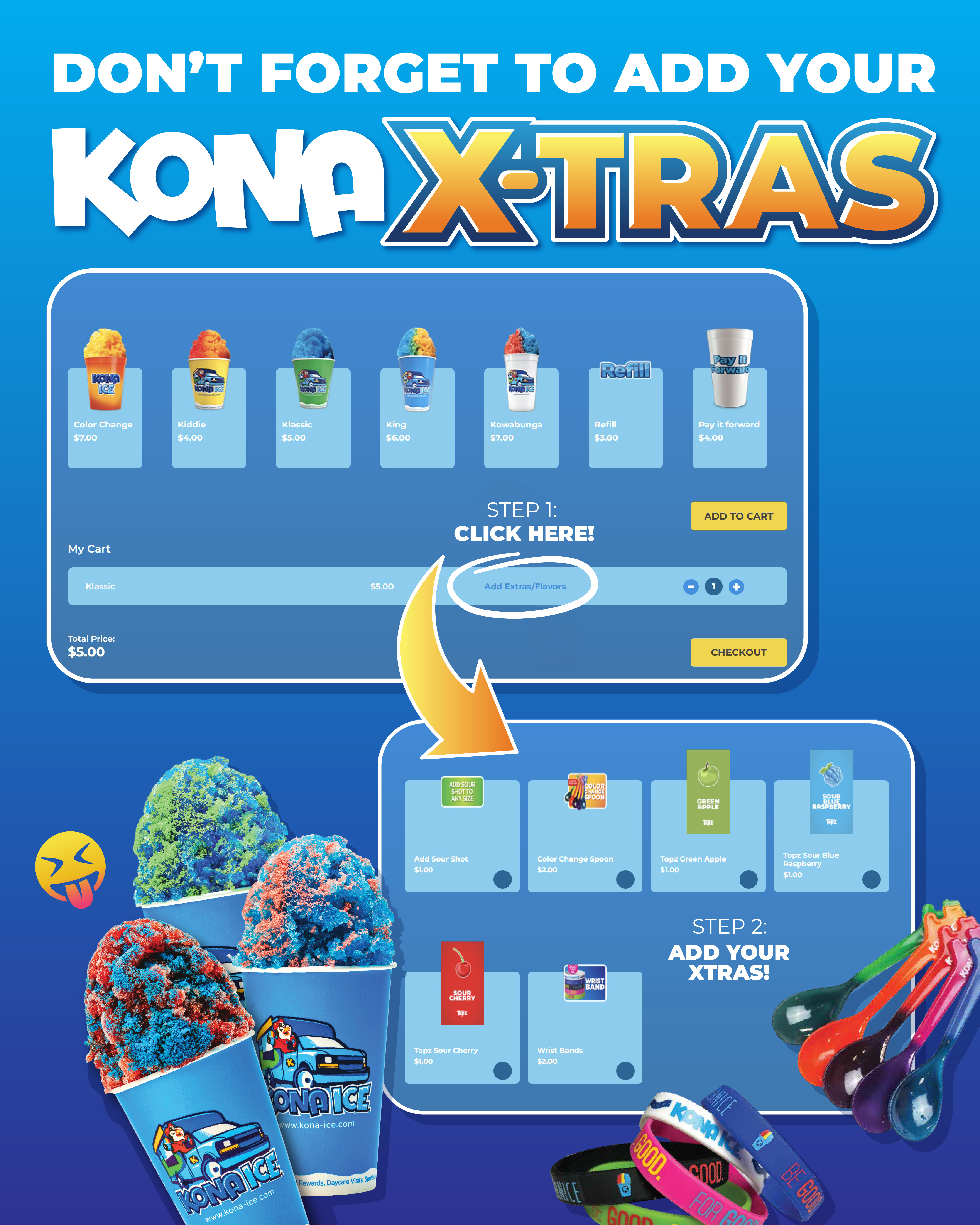 A promotional image for Kona Ice demonstrates how to add X-tras and flavors to an order online.