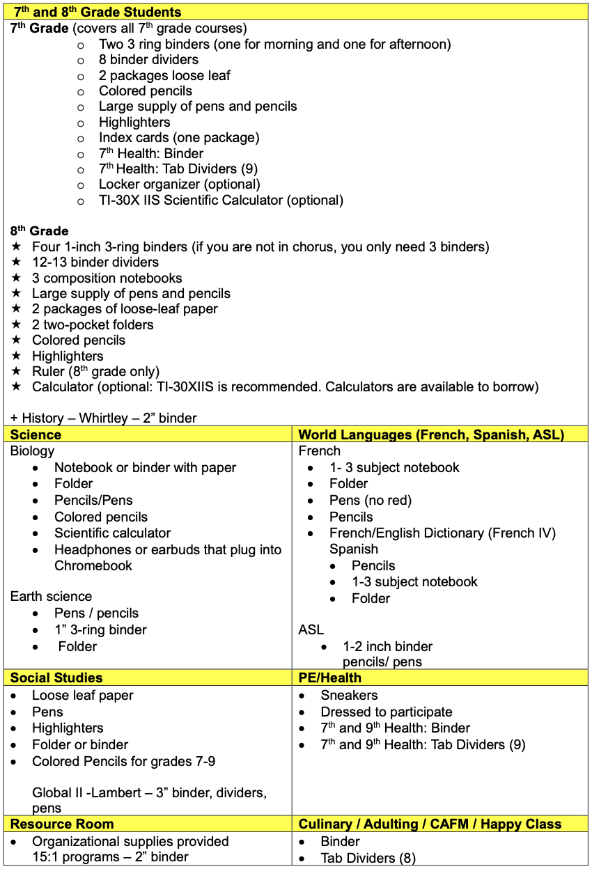 School Supply List