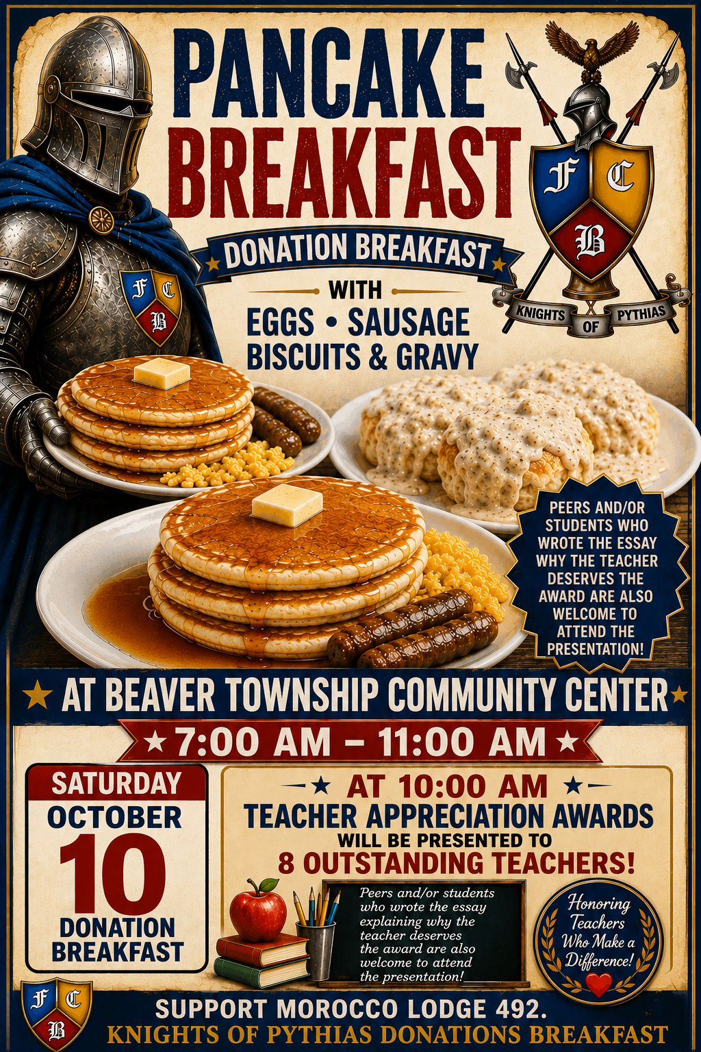 Poster advertising a "Pancake Breakfast Donation Breakfast" with eggs, sausage, biscuits, and gravy, featuring a knight graphic.