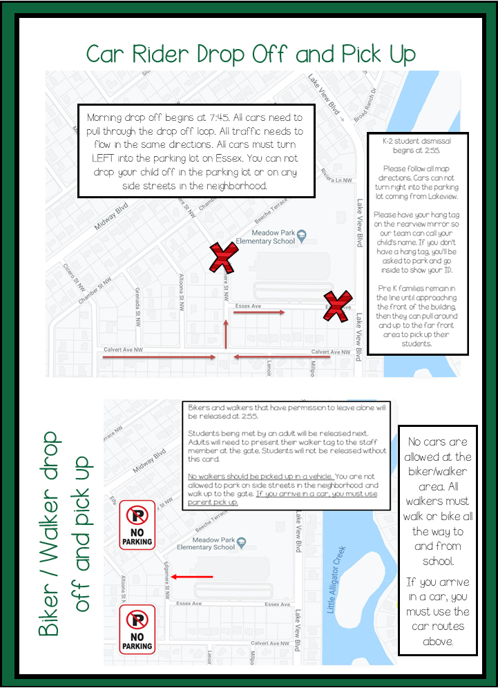 Map showing car rider drop-off and pick-up routes for Meadow Park Elementary School.