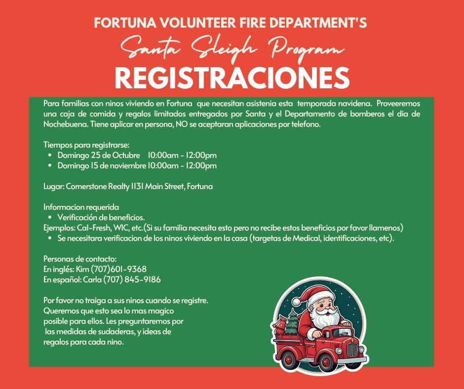A holiday flyer for the Fortuna Volunteer Fire Department's Santa Sleigh Program registration in Spanish.