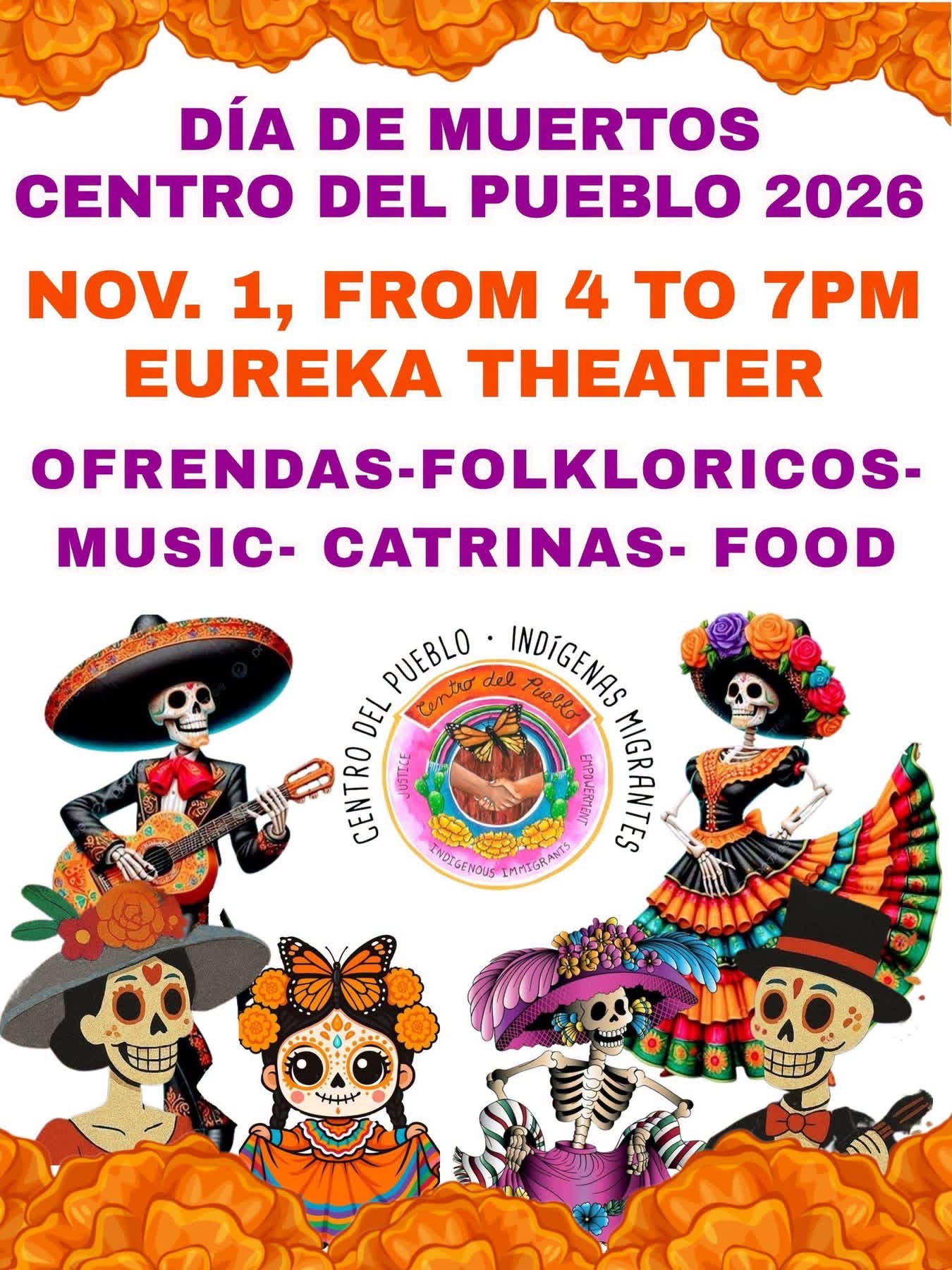 A colorful flyer for a Día de Muertos event featuring skeleton figures, marigold flowers, and event details.