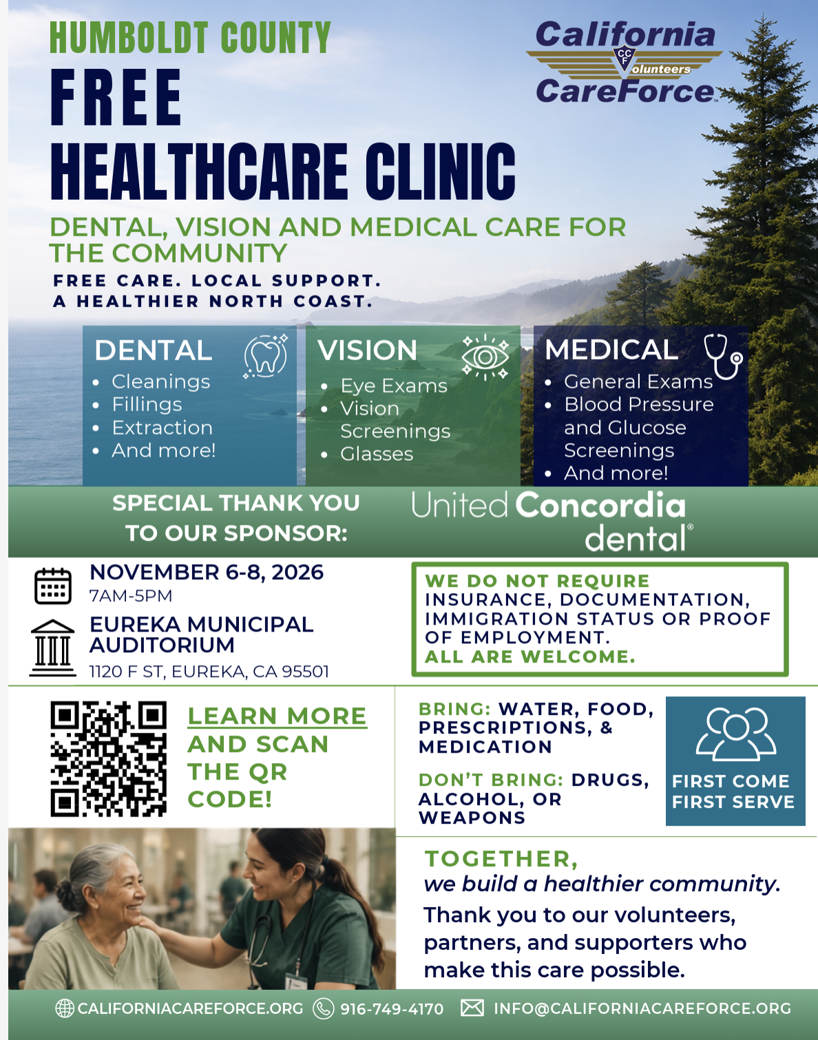 Flyer for the Humboldt County Free Healthcare Clinic, detailing dental, vision, and medical services.