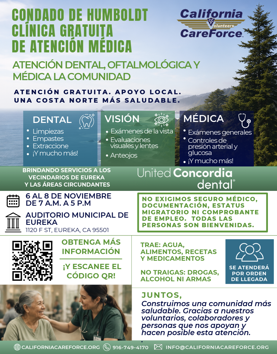 A flyer for a free health clinic in Humboldt County, offering dental, vision, and medical care in Spanish.