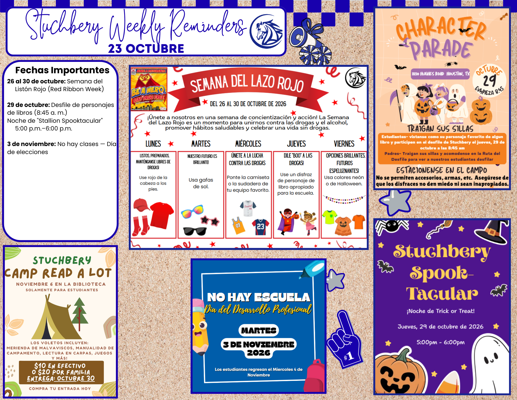 A digital flyer with weekly reminders, highlighting Red Ribbon Week and a Character Parade for October 29.