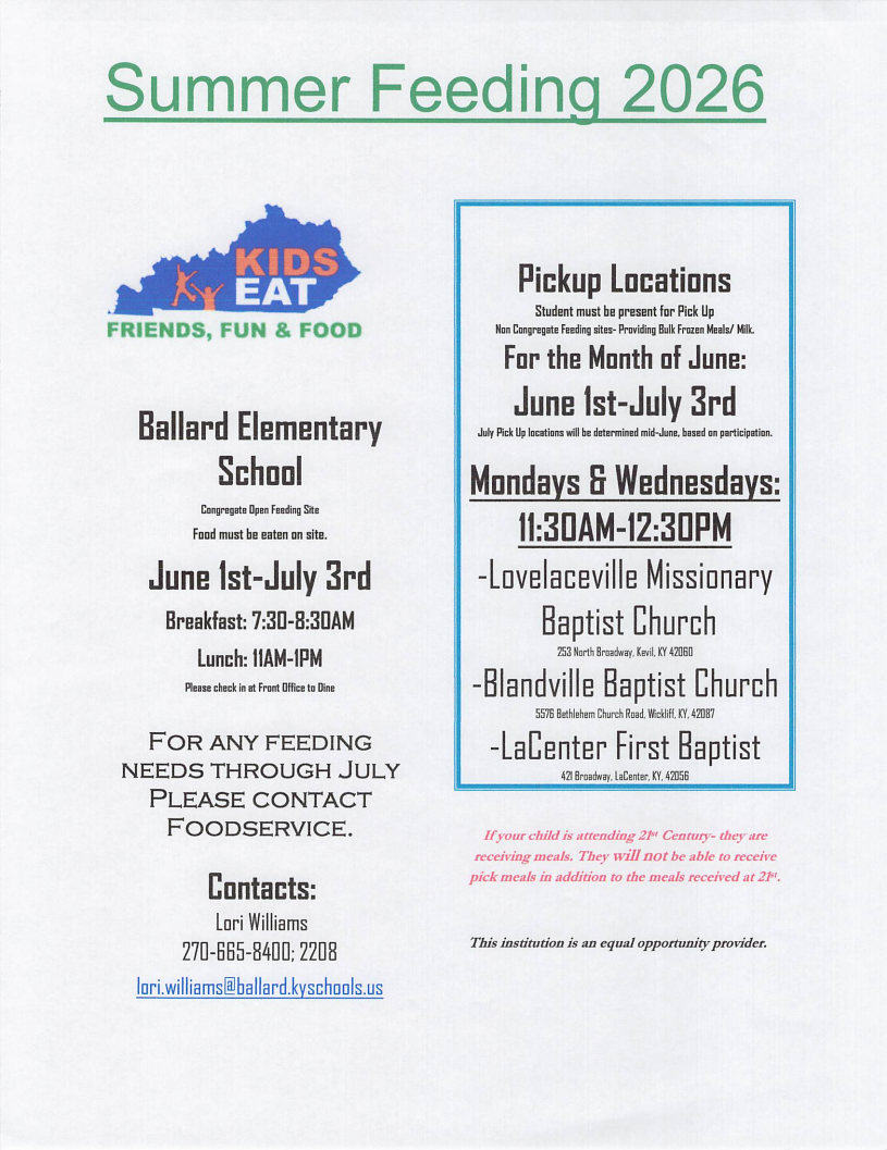Ballard County Schools' summer feeding program starts June 1 - details below