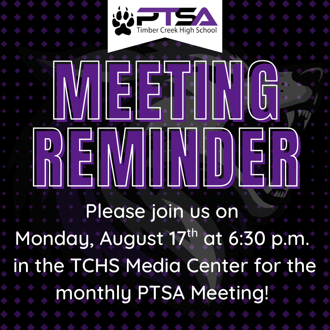 PTSA Meeting Reminder: Monday, August 17 at 6:30 PM 