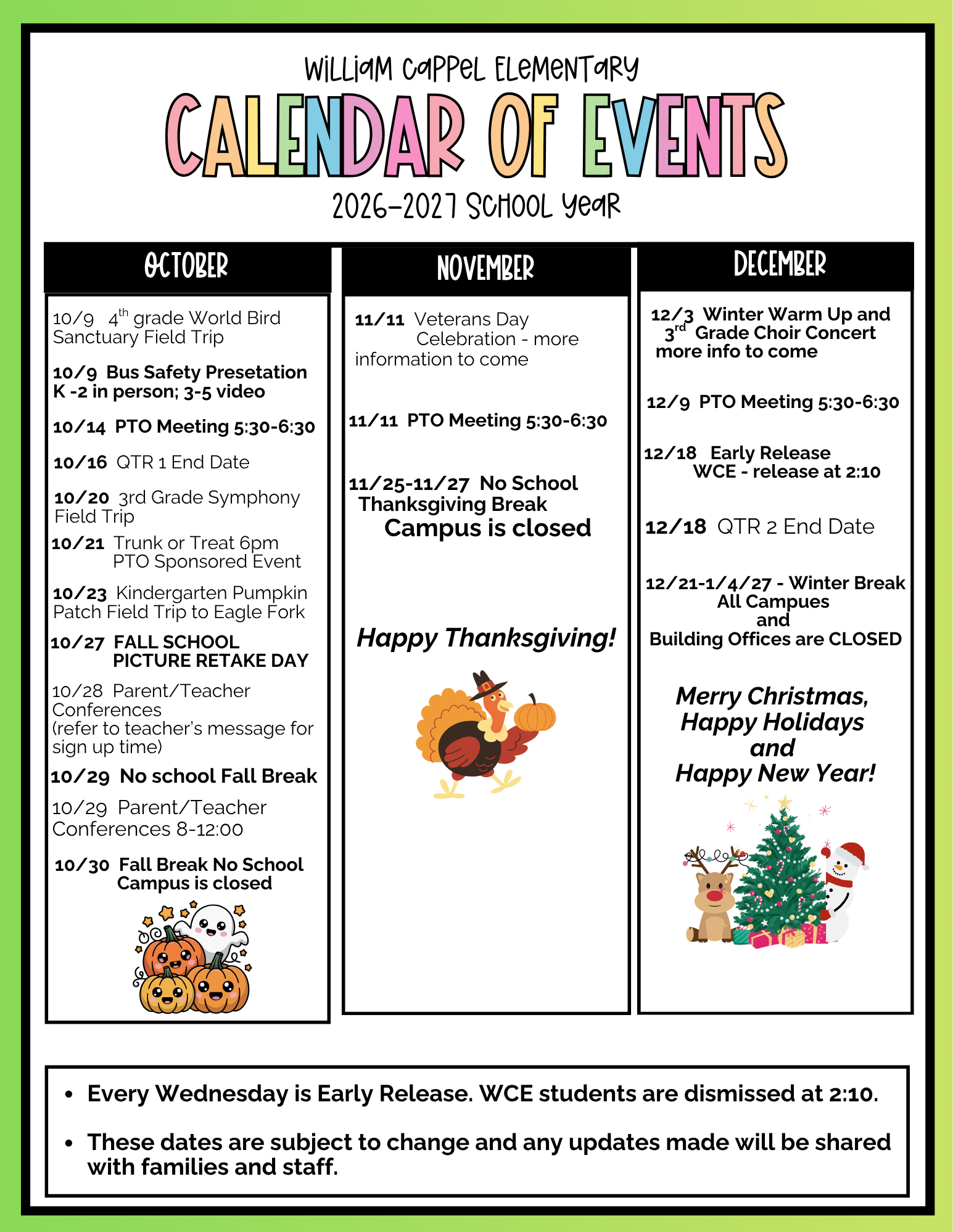 UPDATED: William Cappel Elementary Calendar of Events 
