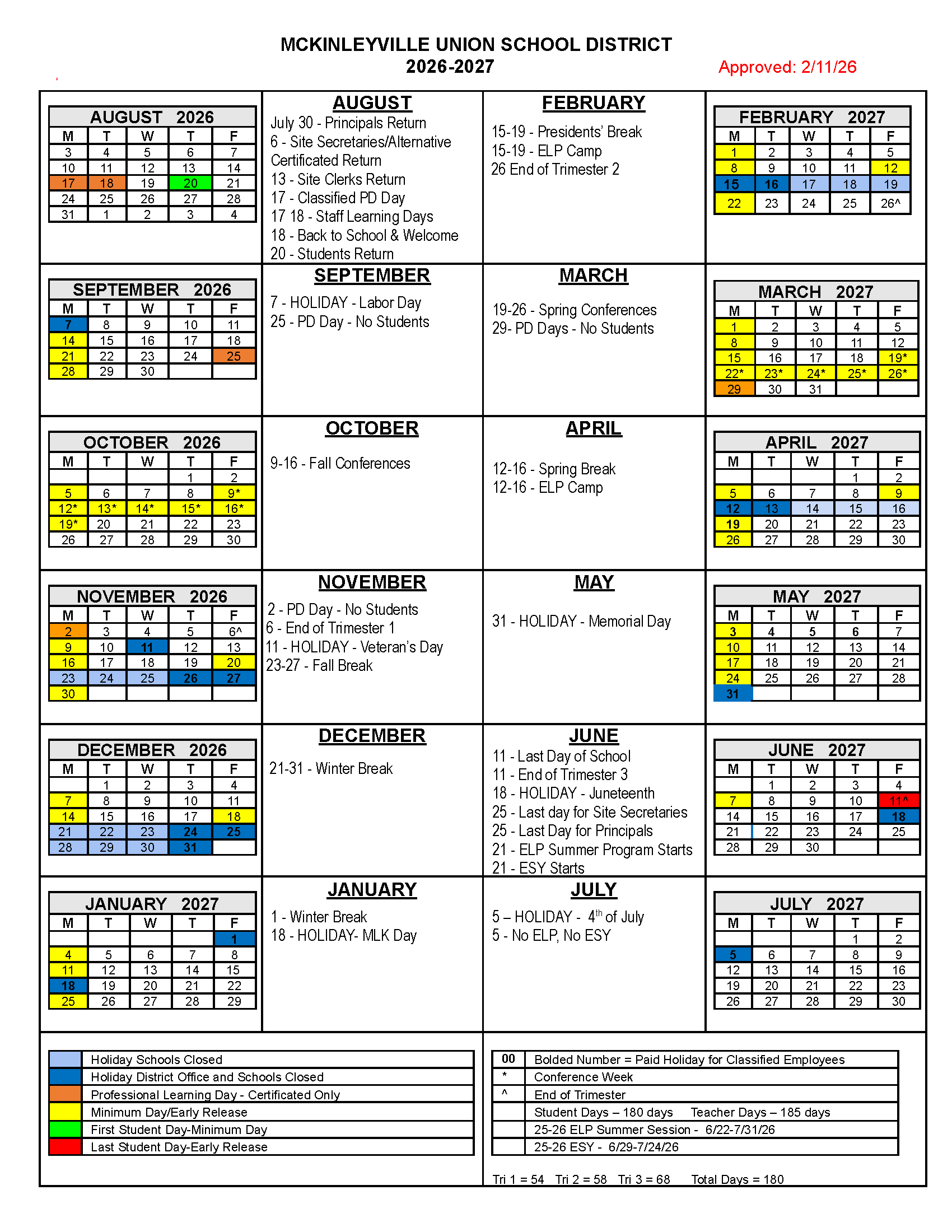 2026-2027 School Calendar