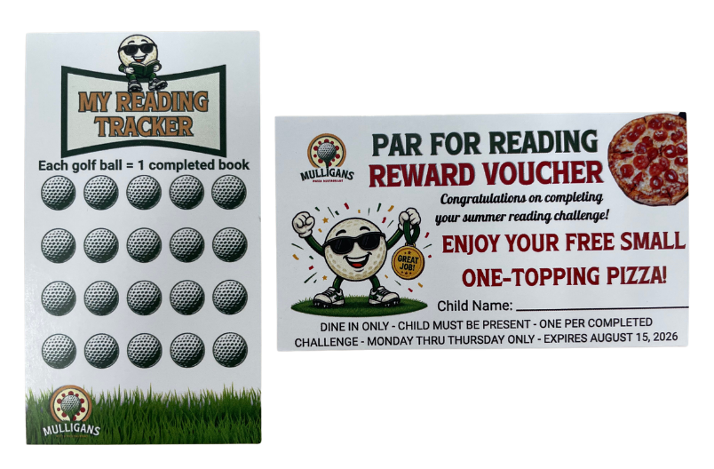 A 'My Reading Tracker' card with 15 golf balls, each representing a completed book, and a 'Par for Reading Reward Voucher' for a free pizza.