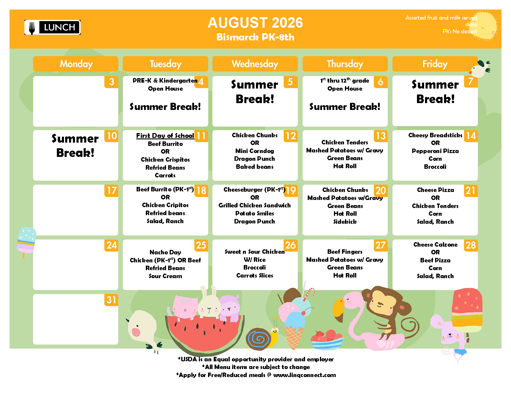 August 2025 PreK - 8th Lunch Menu