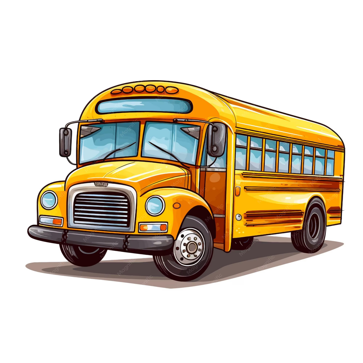 A bright yellow school bus with large windows and black tires is depicted against a white background.