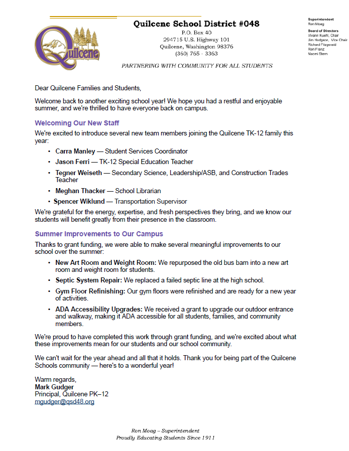 Welcome Back Letter from the Principal 