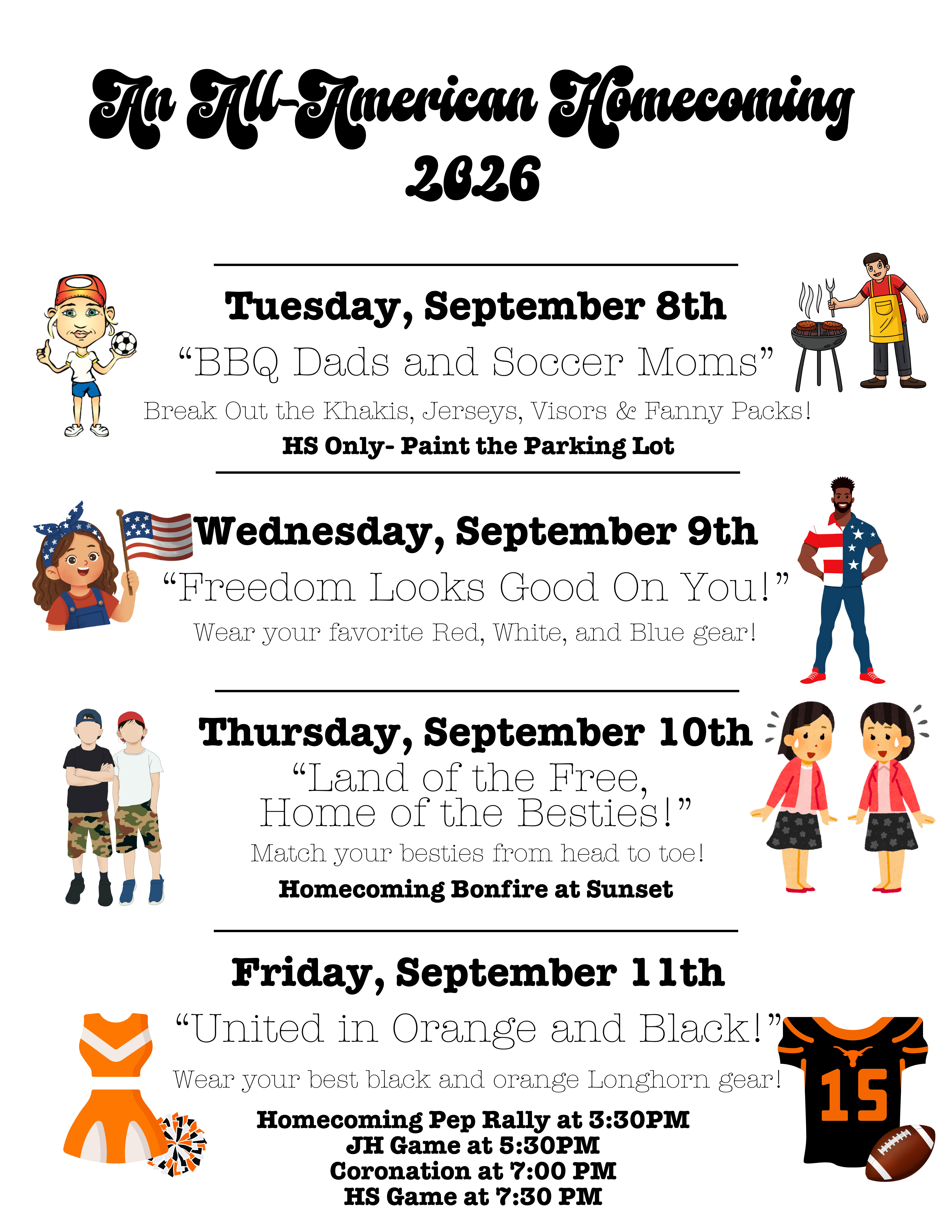 Homecoming Spirit Days Reminder: September 8th-11th, 2026