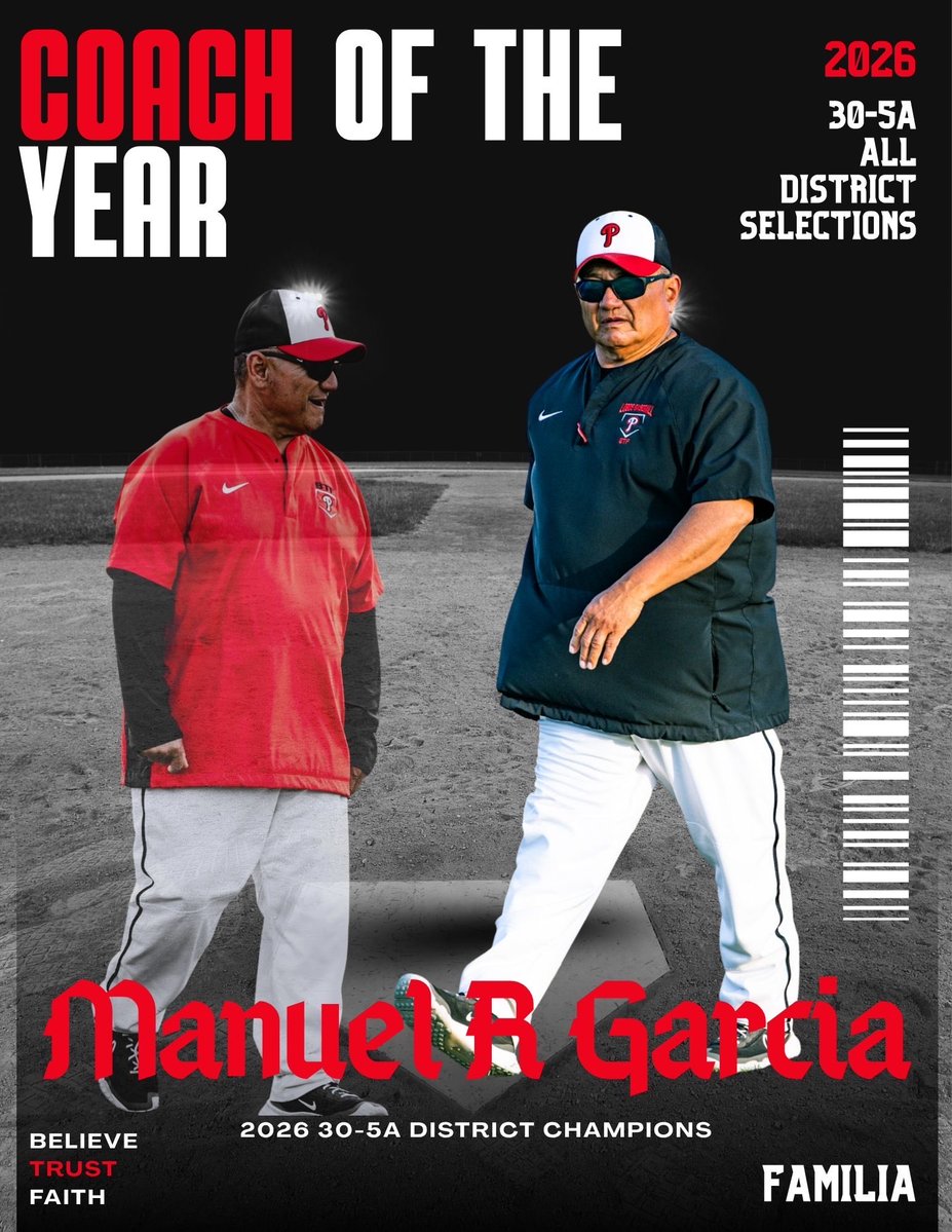 Two coaches stand on a baseball field, with text announcing 'COACH OF THE YEAR' and 'Manuel R Garcia'.